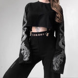 InsGoth Black Crop Top Hoodie Women Sweatshirt Gothic Punk Grunge Dragon Printed Harajuku Loose Sweatshirt Pullover Female