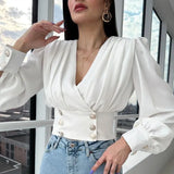 Red Crop Tops Women's V-neck Sexy Long Sleeved Short Waistband Bubble Sleeved Solid Color Pleated Shirt Femme Blusas