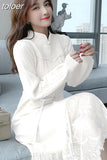 Dresses for Women Party Long Sleeve Midi Patchwork Knitted Sweater Dress Lace Stand Collar A-Line Chinese Style Winter