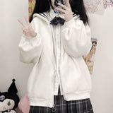 QWEEK Japan Style Sailor Collar Hoodie Women Kawaii Navy White Sweatshirt Autumn Winter Thick Zip Up Hoody 2021 Zipper Cute