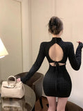 Knitted Dresses Women Sexy Half High Collar Bandage Backless Slim Stretch Basic Dress Elegant Bottoming Fashion-Outfit