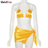 Puss 3 Piece Sets Women Vacation Outfits Summer Sexy v-Neck Midnight Clubwear Top+Thong+Skirt 2021 Lace Up Matching