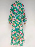 Green Print Colorblock Dress For Women Stand Collar Long Sleeve High Waist Loose Midi Dresses Female Clothing