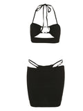 Women's Three-Piece Clothes Beachwear Outfits Halterneck Sleeveless Hollow Out Bra Tops + Thong + Skirt Bikinis Set-Outfit