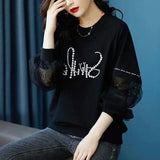 Lace Patchwork Pullovers Female Clothing Casual Round Neck Loose Spring Autumn Printed Korean Long Sleeve
