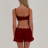 Women Y2K 2Piece Skirts Outfits Solid Color Spaghetti Strap Frills Sleeveless Cami Bra Tops+Low Waist Mini Skirts Set-Outfit