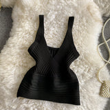 Pit Knitted Vest V-Neck With Solid Color High-Rise Bare Back Street Short Sling