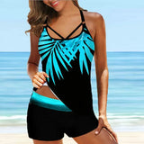 Leaf Printed Swimsuit Vintage Sexy Backless Tankini Set Female Summer Beach Two Pieces Swimwear Bathing Suit Plus Size