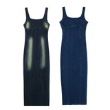 Toloer 2023 New Women's Slim Dress With Slit Denim Long Dress-Outfit