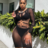 See Through Summer Mini Dresses For Women 2022 Long Sleeve Bodycon Dress White Black Hollow Out Knitted Sexy Party