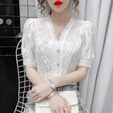 Summer V Neck Lace Blouse New Short Sleeve Elegant Women Tops Solid Lace Crochet Ruffle Patchwork Slim Women Shirts