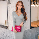 45-70KG Autumn Winter Women Knitted Cotton Skinny Sweater Dress V-neck Slim Bodycon Dress Elegant Sexy Party