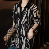 Turn-down Collar Zebra Blouse Spring Autumn Commute Single-breasted Women's Clothing Chic Diamonds Commute Loose