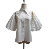 White Patchwork Diamonds Shirts For Women Lapel Puff Short Sleeve Straight Korean Blouses Female New Summer