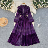Dress Women's French Retro Fashion Collar Pearl Single Buckle Lace Splicing Velvet Swoon Long