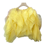 Elegant Patchwork Ruffles Chiffon Blouses Women O Neck Lantern Long Sleeve Loose Shirt Female Clothing