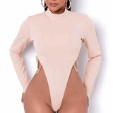 Metal Chain Bodycon Bodysuit O Neck Long Sleeve Solid Black Women Autumn Fashion Sexy Slim Female Jumpsuits