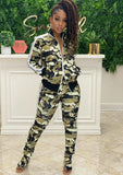 Casual Camouflage Matching Long Sleeve Zipper Top And Pant