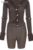 Brown Striped Knitted Sweater Matching Sets Trending Clothes for Women Pants Suit Sexy Two Piece Shorts Set
