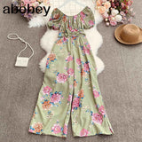 New Summer Women Slash neck off shoulder puff sleeve Jumpsuit elastic waist slim print wide leg Pants