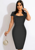 Sexy Square Collar Short Sleeves Solid Midi