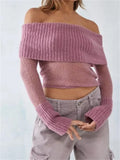 Sexy Women Knitted See Through Sweaters Crop Tops Off Shoulder Solid Long Sleeve Cropped Pullovers Slash Neck Jumpers-Outfit