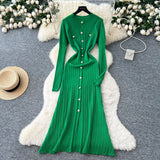 Small Fragrant High-Grade Metal Buckle Waist Dress Women 2025 Autumn Thin Temperament Hollow Knitted Long