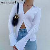 White Ribbed T-Shirts Women Flared Long Sleeve V Neck Button Up Cardigan Summer Harajuku Casual Solid Outfits Basic