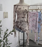 Purely Want A Word Shoulder Ink Print Tie-Dye Mesh Long-Sleeved Shirt Irregular Lotus Leaf Side Top