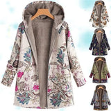Autumn Winter Women Warm Coats Vintage Plus Size Casual Printed Hooded Outwear Fashion Long Sleeve Zipper