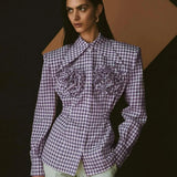 Women's Y2K Vintage Plaid Belted Elegant Long Sleeve Shirt Turn-down Collar Button-down with 3D Flower Fall Slim Tops-Outfit