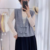 New French Vintage V Neckline Knitted Vest Cardigan With Chinese Style And Fashion Sleeveless Sweater-Outfit