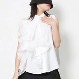 Solid Shirt For Women Stand Collar Sleeveless Ruffle Trim Button Through Blouse Female Fashion Clothing Style