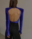 Sexy Rib Velvet High Neck Backless Long Sleeve with Mittens Fingerless