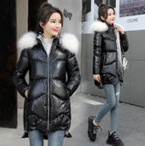 Jacket Women 2021 Female Parka Coat Mid Long Overcoat Hooded Warm Hooded Artificial fur collar Shiny Down Cotton