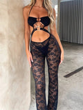 Women Summer Lace See Through Jumpsuit Sleeveless Halter Hollow Out Backless Club Bodysuits Long Flared Pants Rompers-Outfit