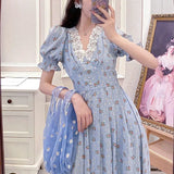 Elegant Chiffon Dress Women Vintage Print Floral Puff Sleeve Casual Female Dress V-neck Pretty Party Lace Dress 2021