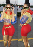 Contrast Color Hoody Crop Top and Biker Shorts Casual Two Piece