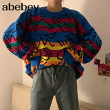 Retro Crazy Style Loose Pull Femme Graffiti Lover Rainbow Striped Knit Sweater O Neck Long Sleeve Patch