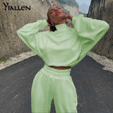 Yiallen Autumn High Quality New Warm Pullover Hoodies and Trousers Two Piece Set For Women Streetwear Simple Solid Slim