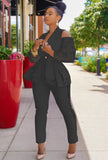 Elegant Ruffles Lace Cut Out Shoulder Long Sleeve Blazer And Pant