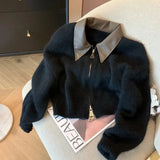 Sleeve Solid Women Turn Down Collar Loose Casual Knitted Coats Zipper Autumn Winter 2023 Regular Splice Sweaters Cardigan-Outfit