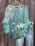 Creative Flower Element 3D Printed Casual Trend V-Necked Lace