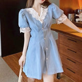 Party Japanese Sweet Mini Dress Women Patchwork Design Lace V-neck Party Dress Female Puff Sleeve Summer Office Lady Kawaii Dress