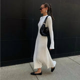 Women's Clothing 2025 Spring Knit Round Neck Pit Striped Syringe Horn Sleeve Tie Solid Color Casual Dress