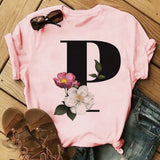 Letter Alphabet A-Z Women T-Shirts Fashion Breathable Flowers Short Sleeve Casual Tops Couple Basic Tee Crew Neck Clothes