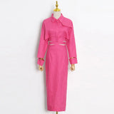 Slim Green Two Piece Set Women Lapel Long Sleeve Tops High Waist Midi Skirts Solid Sets Female Spring Clothing