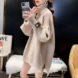Turtleneck Knitted Sweaters Female Clothing Stylish Button Patchwork Loose 2023 Autumn Winter Casual Long Sleeve