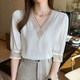 Hollow Out Blouse Women New 2021 Middle Sleeve White Shirts Chiffon Fashion V Neck Splicing Top Female Blusas Mujer