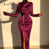 Satin Maxi Party Dresses Sexy Split Ladies Elegnt Long Sleeve Turtleneck Bodycon Dresses 2020 New Clubwear